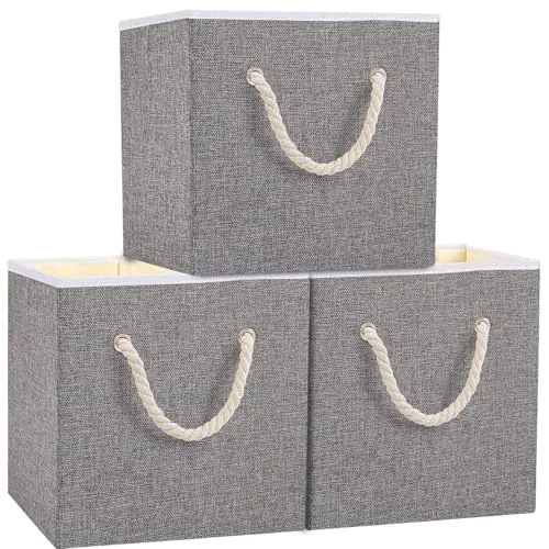 Yawinhe 3 Stück Aufbewahrungsbox Stoff, Faltbare Aufbewahrungskorb, Aufbewahrungswürfel aus Stoff, mit Griff Stoffkisten Aufbewahrung, für Kleideraufbewahrung, Grau, 33x33x33cm