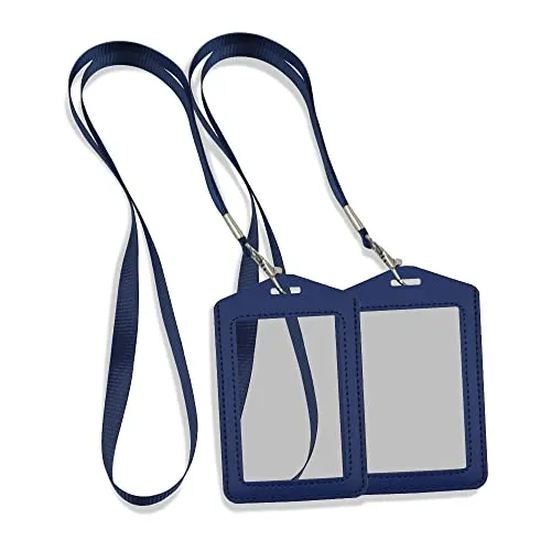 Modixun 2 x Ausweishalter aus Leder, vertikaler Leder-Visitenkartenhalter mit doppeltem transparentem Ausweisfenster, 2 abnehmbare Umhängebänder, Blau