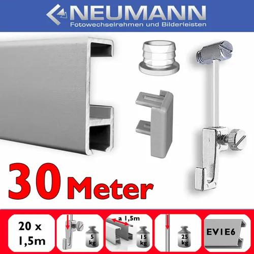 Galerieschiene mit Gleiter 30 m, Bilderschienen-Set, silber matt