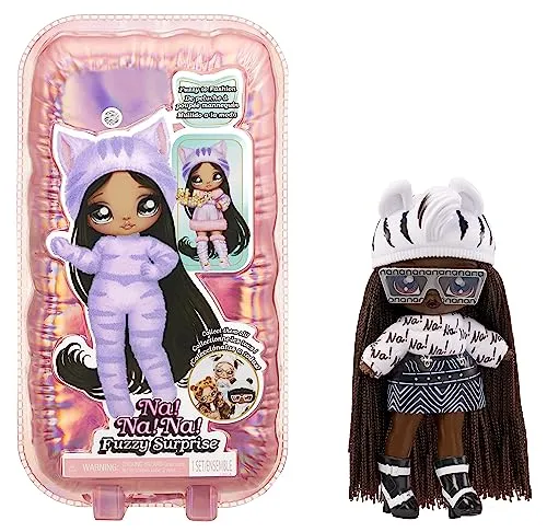 Na! Na! Na! Surprise Fuzzy Surprise Serie 1 - Zara Zebra - 18 cm posierbare Modepuppe - Zebra-inspiriert mit beflocktem Körper, Beanie, Brille, Outfit, und Schuhe - Spielzeug für Kinder ab 4 Jahren