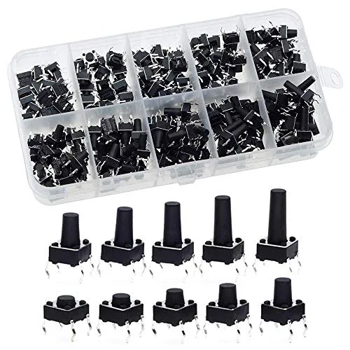 Gebildet 200pcs 6×6mm Lange Füße Taktiler Drucktastenschalter(6×6×4.5/5/6/7/8/9/10/11/12/13mm),Micro Momentary Tact Sortiment Kit (Jede Größe 20pcs) Verwendet in den Bereichen Elektronik