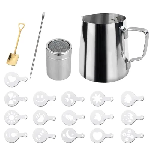 Milchaufschäumkännchen Mit 1 Goldener Quadratischer Dessertlöffel, 350 ml, 12 Unzen, Edelstahl-Milchkännchen, Barista-Milchkännchen und Latte-Dekorationskunststift für die Zubereitung von Kaffee