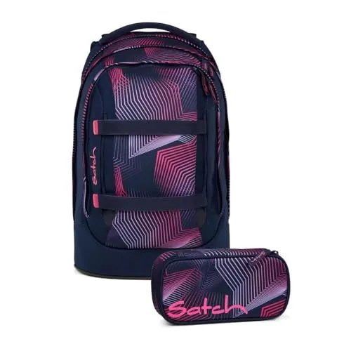 satch pack Schulrucksack Set 2tlg. inkl. Schlamperbox (Seismic Pink) - Schulranzen Set mit innovativem 3D Soft-Mesh Rückensystem für optimalen Tragekomfort, inklusive praktischer Schlamperbox für alle Schreibutensilien.