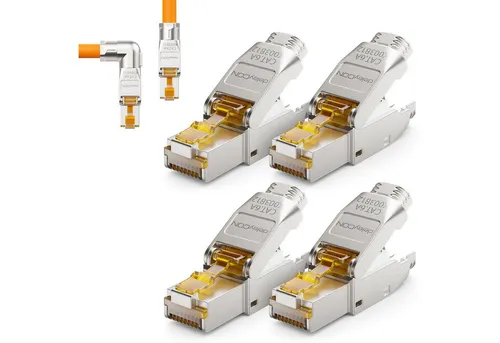 deleyCON deleyCON 4x CAT6a Netzwerkstecker 90° Winkel RJ45 10Gbit/s Stecker Netzwerk-Adapter