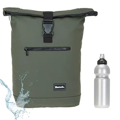 Sieber Rucksack Kurierrucksack Bench Hydro Plane Roll-Top backpack Laptoprucksack A4 wetterfest Damen Herren 64175 + Trinkflasche (Oliv 2600)