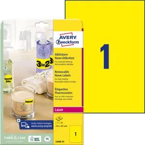 Avery Zweckform L6006-25 Universaletiketten neon-gelb, 210 x 297mm, ablösbar, 25 Blatt, 25 Stück