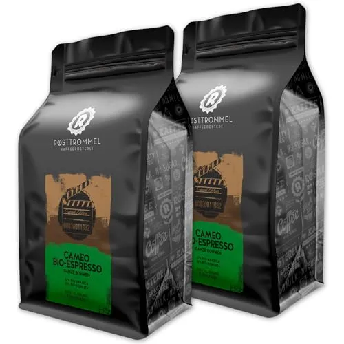 RÖSTTROMMEL Cameo BIO-ESPRESSO 2x1kg - Cremig & Schokoladig - Hochwertiger Bio-Espresso aus einer edlen Mischung von Arabica und Canephora. Er überzeugt mit cremigem Geschmack und schokoladigen Aromen. Ideal für Kaffeeliebhaber, die Qualität schätzen.