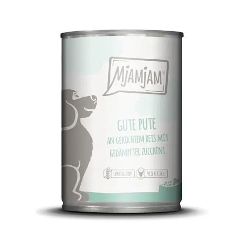 MjAMjAM - Premium Nassfutter für Hunde - Gute Pute an gekochtem Reis mit gedämpfter Zucchini, 1er Pack (1 x 400 g), naturbelassen mit extra viel Fleisch