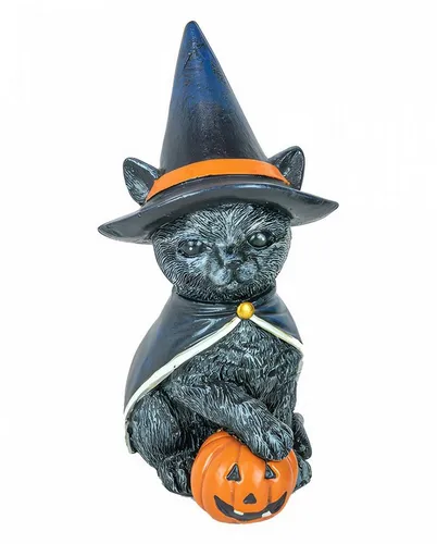 Horror-Shop Katzenfigur mit Hexenhut & Kürbis - Halloween Deko 15cm - Detailreiche Katzenfigur mit Hexenhut & Kürbis, perfekte Halloween Deko für Katzen- und Hexenliebhaber. Ca. 15 cm groß, aus hochwertigem Polyresin, bringt unheimliche Stimmung in Ihr Zuhause.