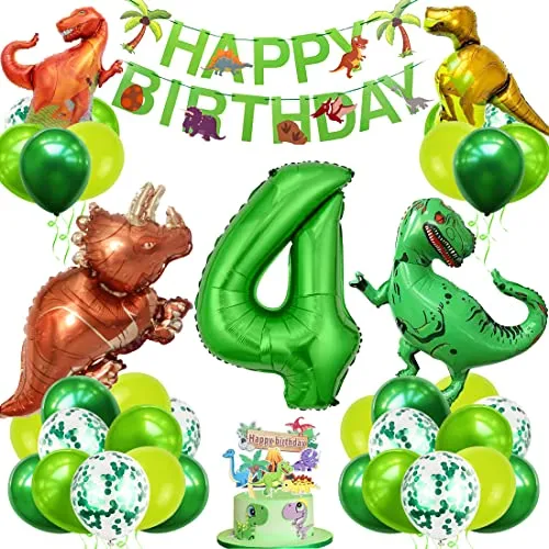 Dino Geburtstag Deko Set, 4 Jahre Kindergeburtstag Dino Ballons, XXL Dinosaurier Folienballon Grün, Zahlenballon 4 Geburtstag mit Happy Birthday Banner für Junge Mädchen Geburtstag Party Deko
