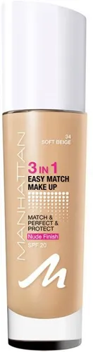 Manhattan 3in1 Easy Match Make-up, Flüssig Foundation für helle Haut - Make-up für helle Haut mit LSF 20 und 24h Feuchtigkeitskomplex. Die ölfreie Liquid Foundation in Soft Beige sorgt für einen natürlichen, ebenmäßigen Look und deckt Unreinheiten sanft ab.