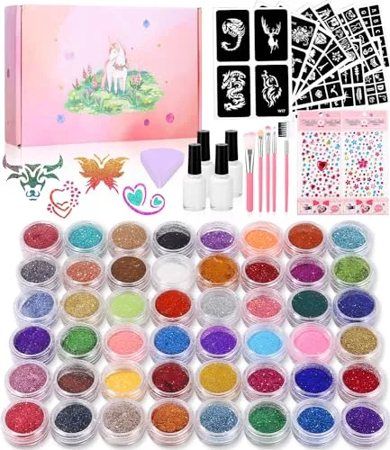 Glitzer Tattoo Set für Kinder – 48 Farben, 250 Schablonen und Strasssteine