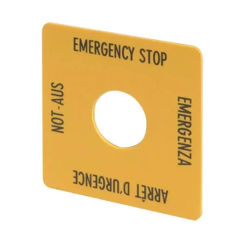 Eaton 216484 Not-Aus Schild - Gelb, 50 x 50 mm, 4-sprachig (DE, EN, FR, IT), für sichere Elektroinstallation