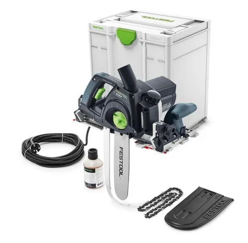 Festool Schwertsäge SSU 200 EB-Plus UNIVERS - Sägen: 200 mm Schnitttiefe, leicht mit nur 6,5 kg, ideal für präzise Gehrungsschnitte und werkzeuglosen Kettenwechsel. Perfekt für Holz und Dämmstoffe.