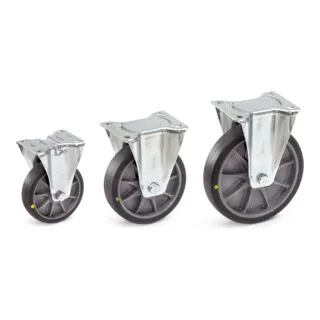 fetra Bockrolle 160x40mm - Bockrollen aus verzinktem Stahlblech mit TPE-ESD-Bereifung, ideal für den Einsatz in sensiblen Bereichen, da sie elektrisch leitfähig und spurlos sind.