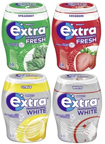 Extra Professional Kaugummi Mix - 4 Dosen, 4 Sorten - Zuckerfreier Kaugummi-Mix mit frischen Sorten, ideal für unterwegs. Unterstützt die Zahnpflege und sorgt für frischen Atem. Genießen Sie den Geschmack von Spearmint, Erdbeere, White Citrus und White.