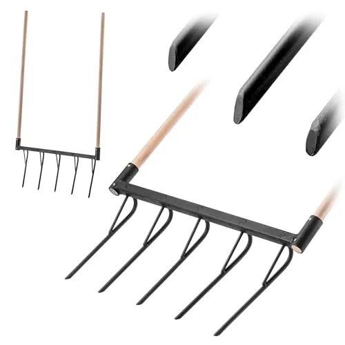KADAX Grabegabel mit 5 Zinken und Langen Holzstiele, Robuster Handkultivator zur Bodenlockerung und Gartenbearbeitung, Doppelgrabegabel (Mit Stiel)