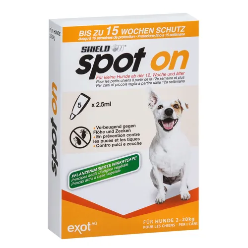 ShieldOn Spot On Floh- und Zeckenschutz für kleine Hunde - 5 x 2,5ml - Effektiver Spot-On Ungeziefer-Schutz für kleine Hunde, einfach anzuwenden und speziell für den täglichen Einsatz entwickelt.