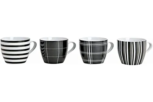 Wurm KG 4er Set moderne Kaffeetassen aus Porzellan | 10 cm hoch | Ø 8 cm | 300 ml | Große Kaffeetasse in schwarz/weiß gestreift und kariert