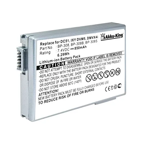 Akku-King Akku kompatibel mit Canon BP-308, BP-308B, BP-308S Li-Ion 850mAh - Silber - für DC51, DMVX4i, HR10, HV10, IXY, DVM5, MVX4I, Optura 600
