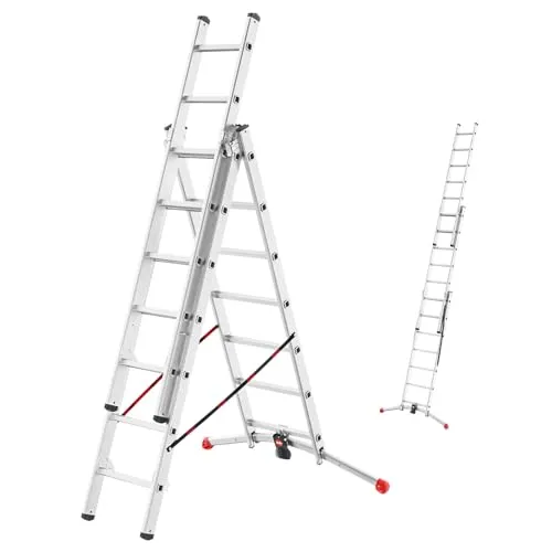 Hailo Leiter HobbyLOT, 3-teilige Alu-Kombileiter mit LOT-System - Leitern für vielseitige Anwendungen - Diese 3-teilige Alu-Kombileiter bietet dank LOT-System einen festen Stand auf unebenem Terrain und ist bis 150kg belastbar. Ideal für Innen- und Außenarbeiten.