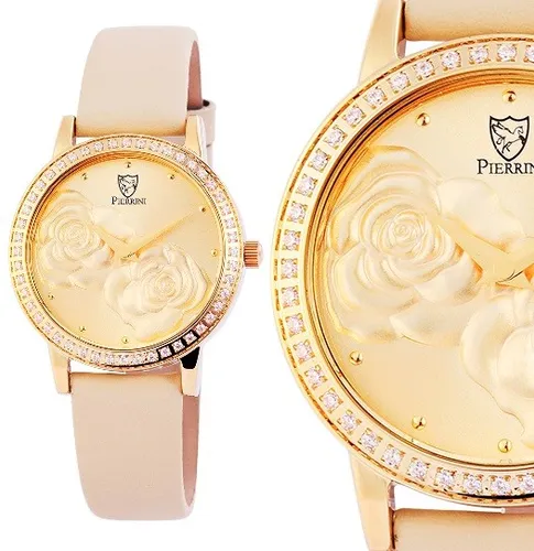 Damenuhr Armbanduhr Rose Gelbgold Beige Kristallbesatz 192204000001 PIERRINI