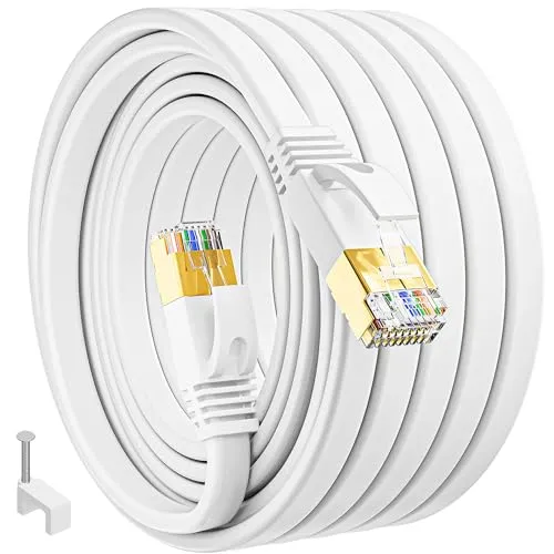 Lan Kabel 40 Meter, Cat 7 Flach Wlan Kabel 40m, Netzwerkkabel Dünn High Speed Weiß, Ethernetkabel Weiss RJ45 Internetkabel 10Gbps 600MHz Patchkabel Lankabelverlaengerung für Router Modem