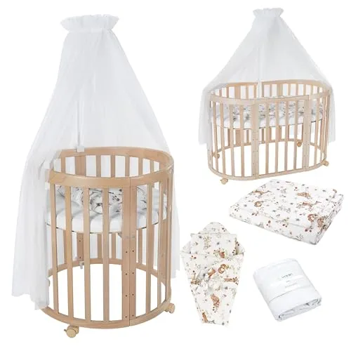 Waldin Babybett Mobiles Babybett OWAL 7in1 aus Holz mit Matratze - Vielseitiges 7-in-1 Babybett aus FSC-zertifiziertem Holz, mit verstellbarer Bodenhöhe und inkl. Matratze. Ideal als Beistellbett und später als Spiel- und Lernbereich für Ihr Kind.