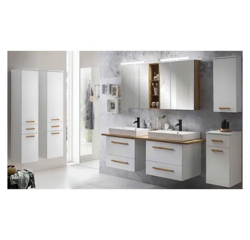 Lomadox Badmöbel-Set Dabo-04, 6-teilig in Weiß mit Landhaus Eiche - Stilvolles Badezimmer-Set in Weiß mit melaminharzbeschichteter Oberfläche. Ideal für eine elegante Gestaltung Ihres Badezimmers. Lieferung ohne Dekoration, Selbstmontage erforderlich.