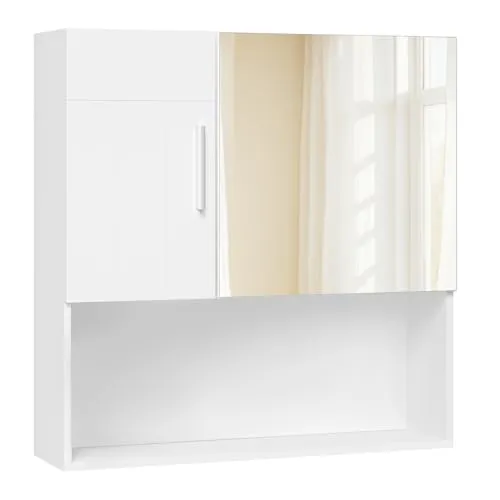 EUGAD Badezimmerschrank mit Spiegel, Spiegelschrank mit Tür Metallscharnieren, Schrank mit 5 Fächern 2 verstellbaren Trennwänden, Hängeschrank aus E1-MDF, Weiß, 54x55x15 cm