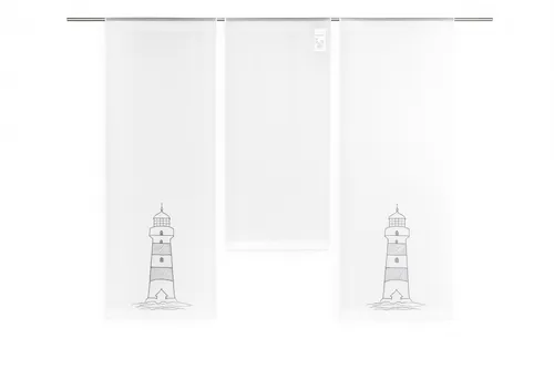 Design Mini Flächenvorhang Set Leuchtturm grau - Maritime Schiebegardine in elegantem Weiß mit grauem Leuchtturm-Motiv. Ideal für jedes Zimmer, konfektioniert für einfache Montage. Hochwertiges Polyester, durchscheinend für sanften Lichteinfall.