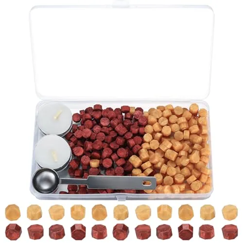 Siegelwachsperlen, achteckige Wachsstifte, Wachssiegel-Set mit Kerzen, Teelöffel, für Wachssiegel, Buchstabenwachsperlen – 320 Stück/Rot, Gold