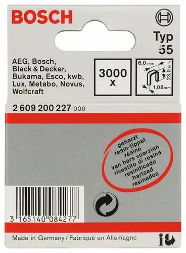 Bosch Professional 3000x Schmalrückenklammer Typ 55 Geharzt - Ideal für präzise Befestigungen - Heftklammern für Tacker, kunstharzbeschichtet für kratzfreie Anwendungen, perfekt für Wand- und Deckenbefestigungen in DIY und professionellen Projekten.