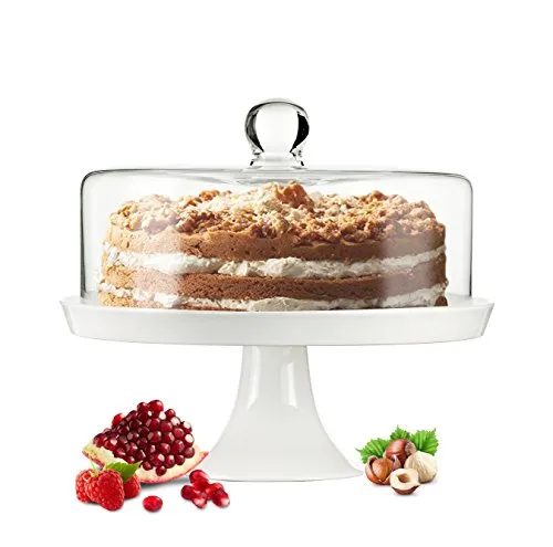 Sendez Glasglocke Kuchenglocke mit Porzellan Fuß - Tortenständer mit mundgeblasenem Glasdeckel, ideal für Feiern und den Alltag, spülmaschinengeeignet und im stilvollen Design.