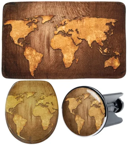 Sanilo Badaccessoire-Set 3-teilig World Map - Moderne Badaccessoires in Braun, inklusive WC-Sitz mit Absenkautomatik, Badteppich und Waschbeckenstöpsel. Hohe Belastbarkeit und pflegeleicht - ideal für jedes Badezimmer!