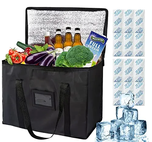 20L Kühltasche Groß 35x26x23cm, Kühltaschen faltbar mit 12 Stück Eisbeutel, Kühlbox Isoliertasche PicknickTasche Eistasche für Lebensmitteltransport (Black-XL) (Schwarz XL-20 Liter)