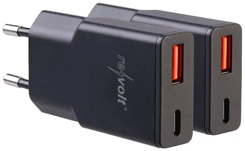revolt Reise-Netzteil: 2er-Set Ultrakompakte USB-A/C-Netzteile, Power Delivery 20 W, schwarz (Wandladegerät, Mini Reiselader, iPhone Ladestation)