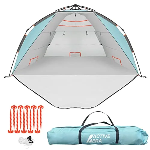 Active Era Luxus Strandzelt mit UV Schutz LSF 50+, Strandmuschel XXL Wasserabweisend, Easy Pitch Aufbau, Zelt für 5 Personen, Idealer Windschutz für Strand, Garten und Camping, Kleines Packmaß - Blau
