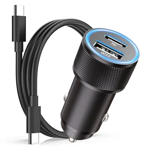 Zigarettenanzünder USB C Auto Ladegerät 60W,Kfz Ladegerät USB C Adapter Auto PD&QC3.0 USBC Zigarettenanzünder Adapter mit Ladekabel usbc für Samsung Galaxy S25 S23 S22 S21,iPhone 17 16 15 Pro Max/Plus