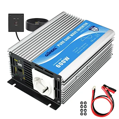 600W Wechselrichter Reiner Sinus Spannungswandler 12V auf 230V Power Inverter mit Fernbedienung und USB-Anschluss für Laptop, Kamera, Smartphone GIANDEL Silver