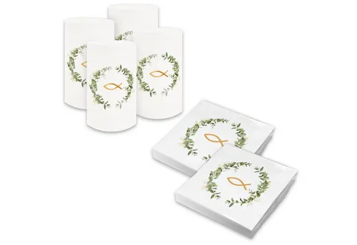 itenga Papierserviette itenga 6x Windlicht + 40x Servietten - Fisch - Eukalyptus Kranz - weiß