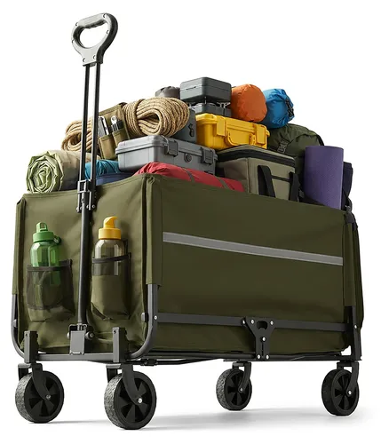 Relaxdays Faltbarer Bollerwagen mit Teleskopgriff, 150 kg Traglast, Regenplane, Grün