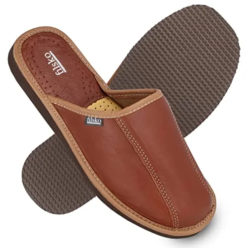 filsko® Tarm Herren Slippers - Rutschfest & Atmungsaktiv - Herren-Hausschuhe aus Naturleder mit geschlossener Form, rutschfester EVA Sohle und atmungsaktivem Design für höchsten Komfort zu Hause.