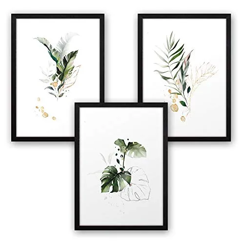 Kreative Feder 3-teiliges Premium Poster-Set Blätter grün - Kunstdruck DIN A4 mit Rahmen (A4, schwarzer Rahmen)