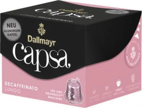 Dallmayr Capsa Lungo Decaffeinato - Kaffeegenuss ohne Koffein - Kaffeekapseln & -pads, perfekte Wahl für Kaffeeliebhaber, die auf Koffein verzichten möchten, mit intensivem Geschmack und vollem Aroma.