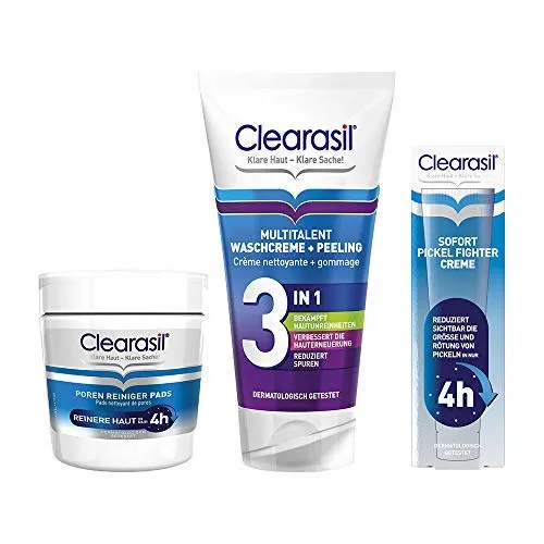 Clearasil Poren Reiniger Pads zur Reinigung der Poren im Gesicht - 1 x 65 Stück + Clearasil Multitalent Waschcreme und Peeling 3in1 gegen Hautunreinheiten - 1 x 150 ml + Clearasil Sofort Pickel Fighter Creme für sichtbar reinere Haut in nur 4 Stunden - 1 x 15 ml