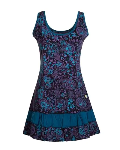 Vishes Damen Lagen-Look Jersey-Tunika Sommerkleid schwarz 40 - A-Linien Mini-Kleid aus weichem Jersey-Baumwolle, ideal für heiße Tage. Verstellbare Länge und liebevoll handbedruckt mit floralen Motiven. Perfekt für Festivals und den Sommerurlaub, vielseitig kombinierbar.