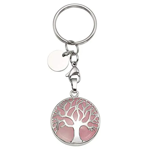 GEHECRST Lebensbaum Schlüsselanhänger Natürlich Edelstein Anhänger Chakra Heilsteine Glückbringer Schlüsselbund Keychain Energietherapie Healing Dekoration (Rosenquarz)