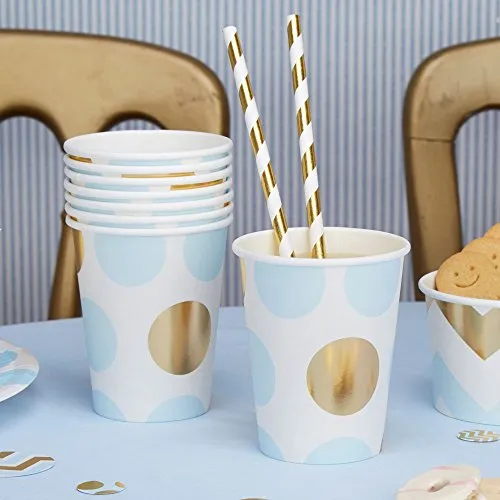 Premium Weddings Pappbecher Punkte hellblau Gold 250 ml 8 Stück - Einwegbecher Hochzeit Punkte hellblau Gold Partybecher Baby Shower Babyparty Kindergeburtstag Dots hellblau Gold
