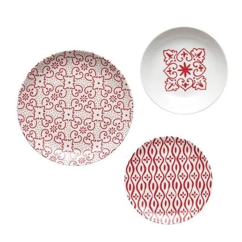 Guzzini LE MAIOLICHE Set mit 6 Tischplatten - Rot glänzend - Speiseteller-Set aus Porzellan, inspiriert von sizilianischer Keramiktradition. Ideal für eine elegante Tafel, spülmaschinen- und mikrowellengeeignet.